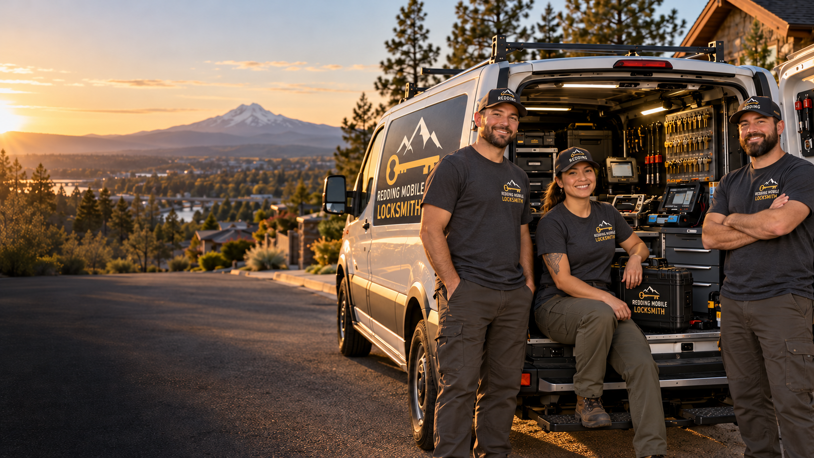 Redding Mobile Locksmith team in branded uniforms beside a fully equipped branded service van at sunset
